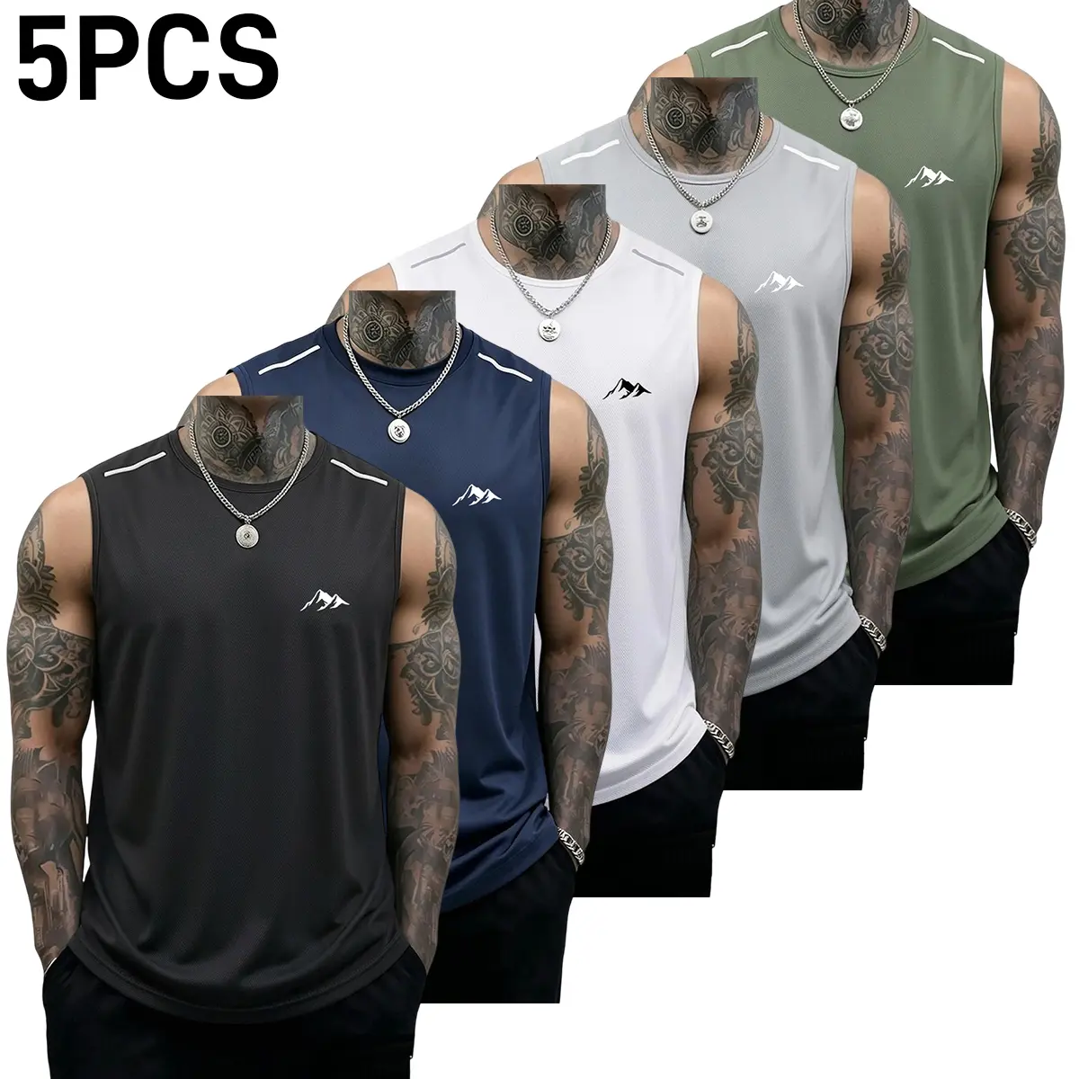 5PCS Men’s Fitness Tank Tops: Casual soft sleeveless muscle T-shirt, fitness T-shirt, sports tank top; solid color design, summer vibe, summer essential, men’s athletic tank top, breathable crew neck slim-fit tank top, suitable for running, fitness, baske