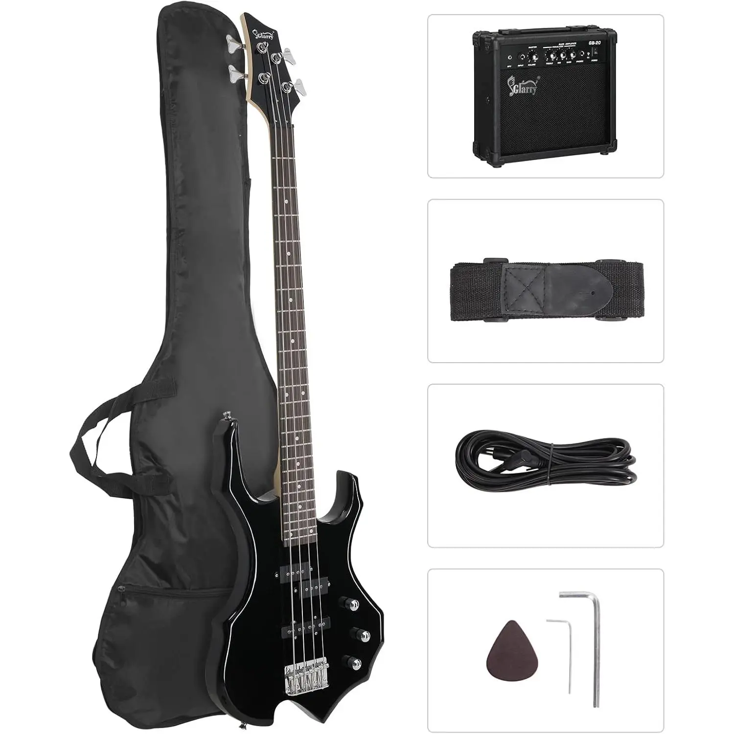 GLARRY 4-String Flame Shaped Solid Wood Electric Bass Guitar - Right-Handed, Split Single Coil Pickups, for Beginner Adults, W/20W Amp, Portable Bag for Class Trips, Strap, Cord (Black) TikTok Shop Back to School