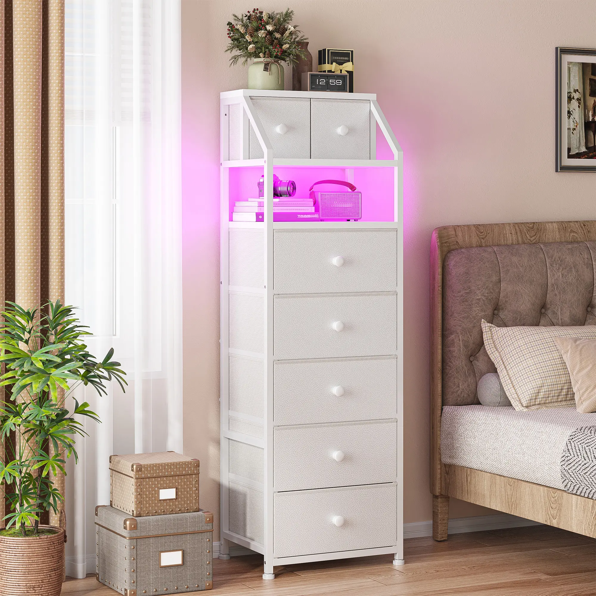 RaybeeFurniture Tall Nightstand with LED Lights, 7 Drawer Bedside Table for High Bed, Vertical Storage Tower with Open Shelf for Bedroom, Living Room, College Dorm, Sofa Side End Table, Aesthetic Closet Drawer Organizer Chest, 51.2 Inches High