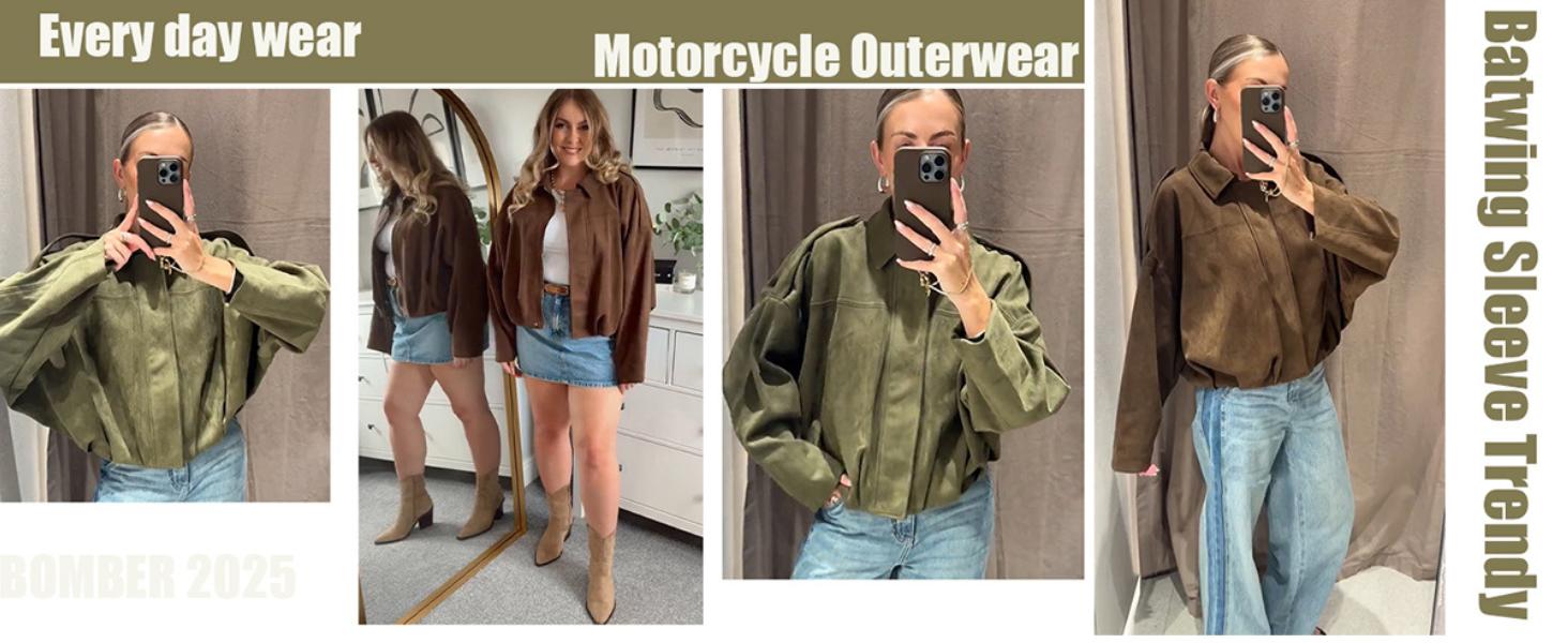 Yeokou Women's Faux Suede Bomber Jacket Oversized Pilot Coats Fall Lapel Zip Up Motorcycle Streetwear Outerwear