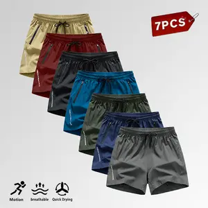 7-piece set — men’s casual athletic shorts — wrinkle‑resistant polyester blend fabric, drawstring waistband, solid color design; suitable for gym workouts, outdoor activities, and everyday wear; minimalist‑design sports shorts.