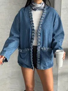 Women's Loose Tie-Waist Denim Jacket, A Stylish & Versatile Casual Denim Cardigan Top, Suitable For Spring, Autumn And Winter