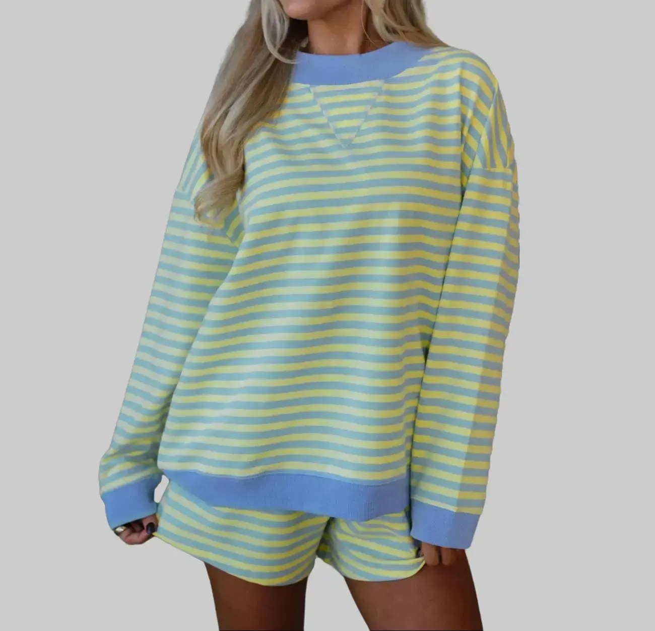 Women Color Block Striped 2 Piece Loungewear Set Oversized Loose Long Sleeve Pullover Elastic High Waist Shorts 95% Cotton Soft Breathable Casual Summer Tracksuit Yellow Blue Stripe Outfit summer two piece outfit summer loungewear Pajamas Nightwear