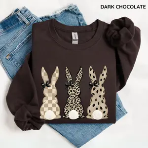 Easter Bunnies Sweatshirt, Neutral Coquette Bunny Crewneck, Leopard Checkered Polka Pattern Rabbits, Trendy Spring Holiday Pullover Gift
