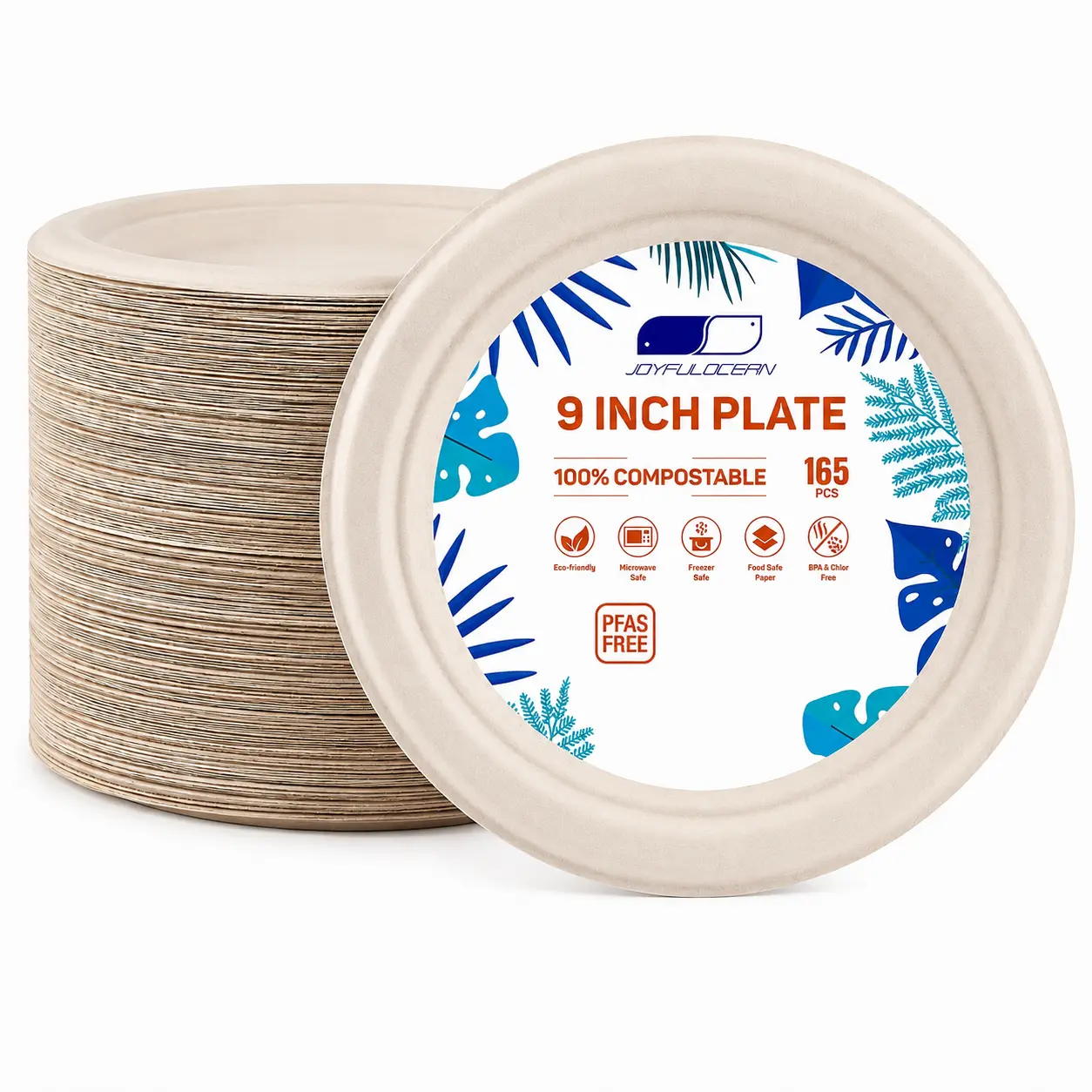 Compostable Disposable Paper Plates; Heavy-Duty Party Plates, 100% Natural Biodegradable Eco-Friendly Sugarcane Fiber Plates [PFAS-Free][BPI Certified]
