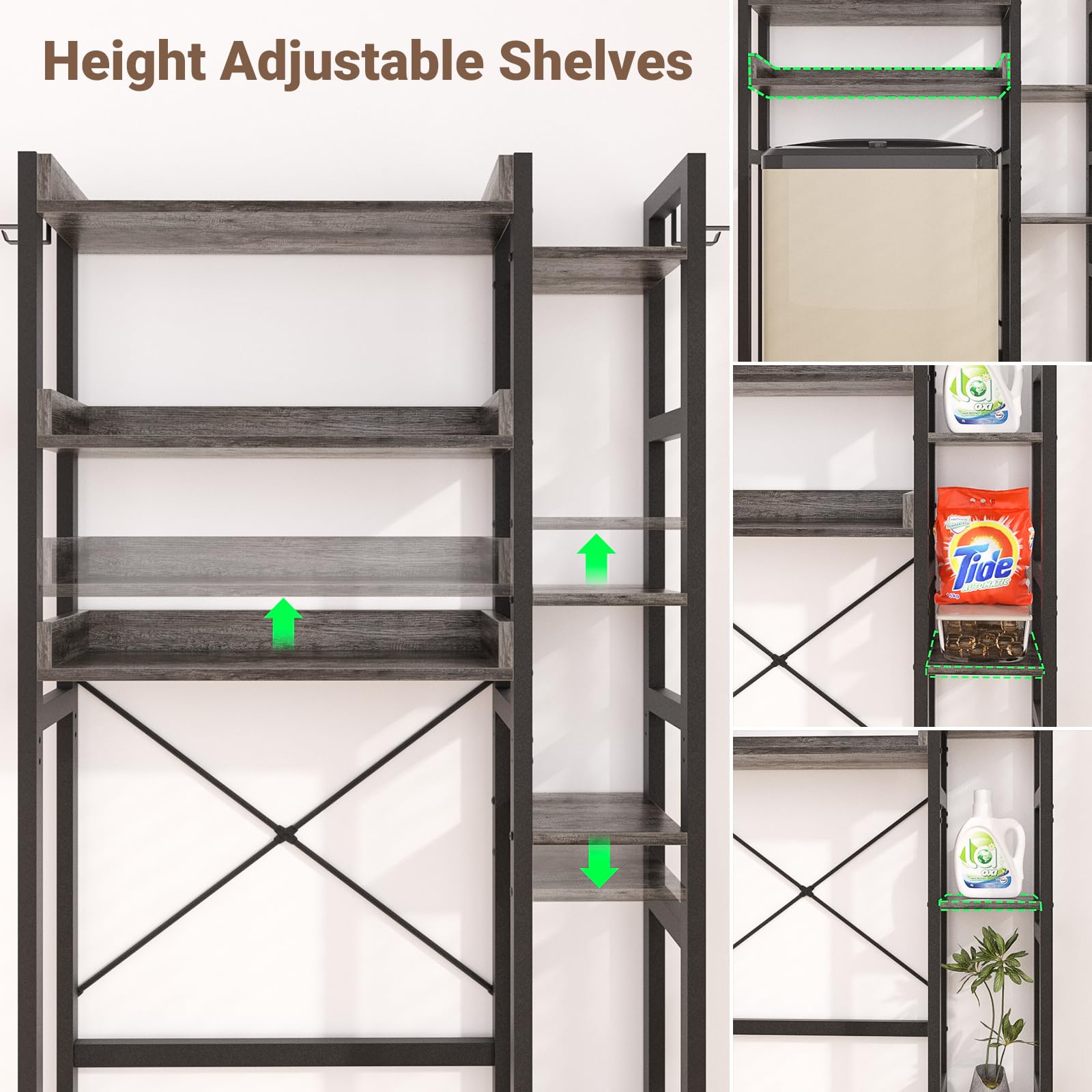 7-Tier Over The Toilet Storage Cabinet - Adjustable Shelves, Reversible Side Shelf, 2 Fabric Drawers, MDF Wood Metal Industrial Look Space Saver with Easy Setup for Small Spaces