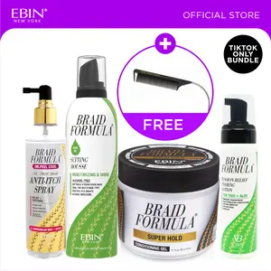EBIN Braid Formula Conditioning Gel(Super Hold) + Braid Formula Setting Mousse(Moisturizing & Shine-Olive Oil)+Dr. Feel Cool Anti-itch Spray(Watermelon Mint+Biotin)+Tension Relief Foaming Lotion (Tea tree+Aloe) Bundle with FREE Pintail Curved Carbon Comb