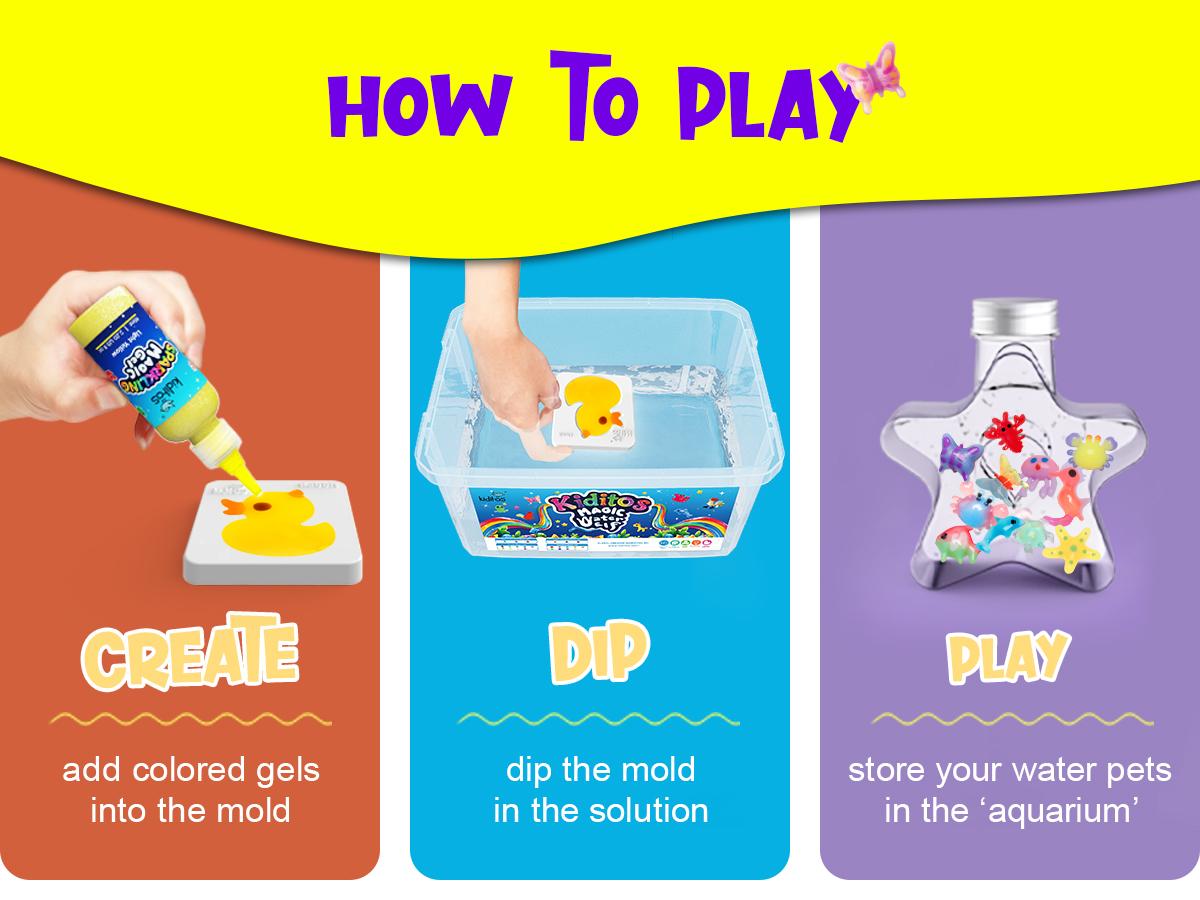 Kiditos Magic Water Elf Toy Kit – 24 Assorted Magic Gels + 6 Glitter Powders & 20 Molds – Summer STEM DIY Kit for Kids – Make Water Pets, Explore Science Fun & Creative Crafts for Ages 3+