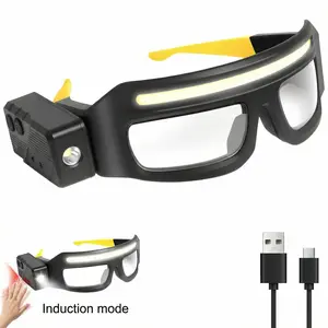 LED Glasses Rechargeable Headlight with Motion Sensor & Touch Control 5 Modes USB C Lighted Glasses for Running Camping Fishing Cycling Hiking Hands-Free Lighting Yellow