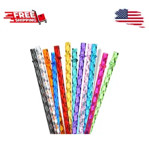 12-Pack Reusable Plastic Clear Swirl Straws, 11" Long Colorful