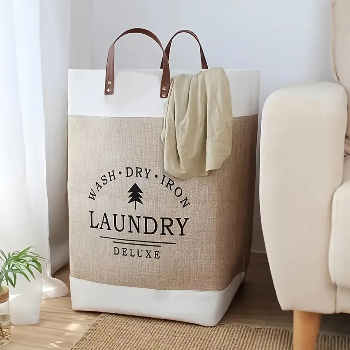 65L Foldable Linen Laundry Basket with PU Leather Accents - Breathable, Washable Space-Saving Organizer for Clothes, Toys, Living Room Bedroom