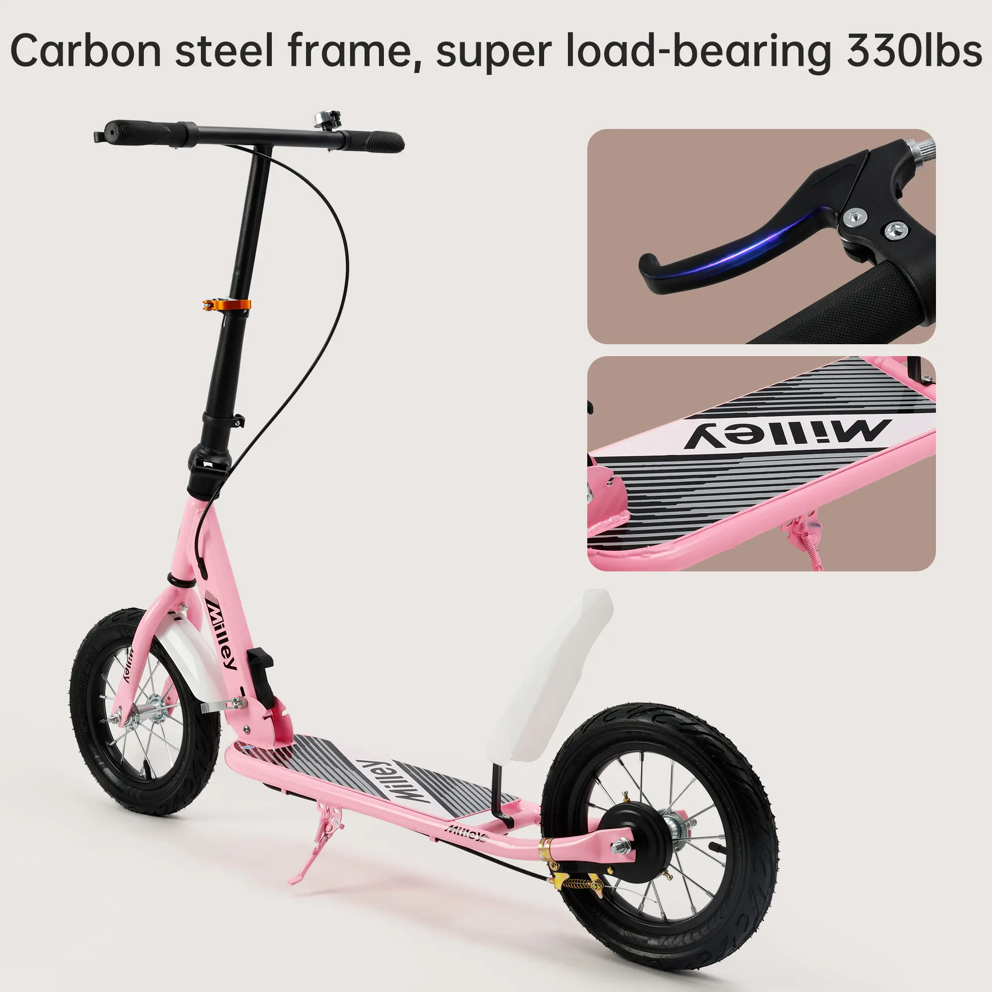 Kick Scooter Carbon Steel Frame Super Load-Bearing 330lbs For Adults With 12" Smooth Rolling Rubber Tires Adjustable Handlebars Lowrider Bike - Wheel