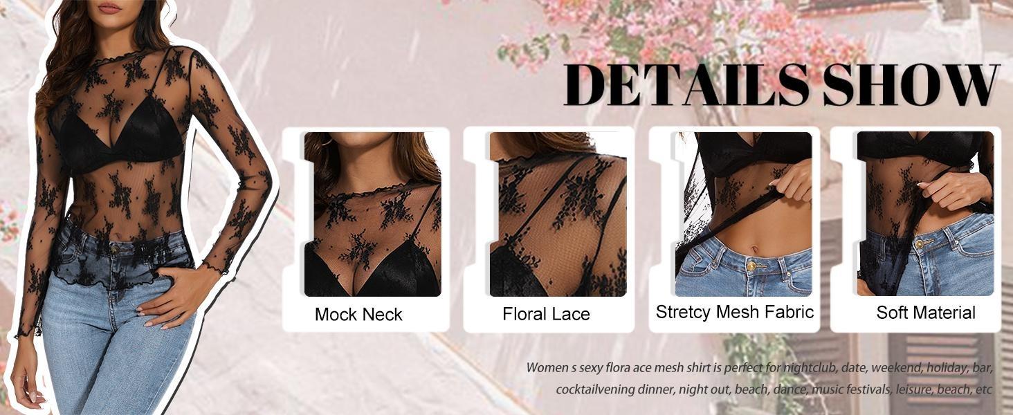 WoodBerry Women's Lace Mesh Tops Long Sleeve Floral Lace Blouse Sheer Mesh Mock Neck Layering Top with Cowl Neckline & Floral Embroidery Stylish Turtleneck Womenswear