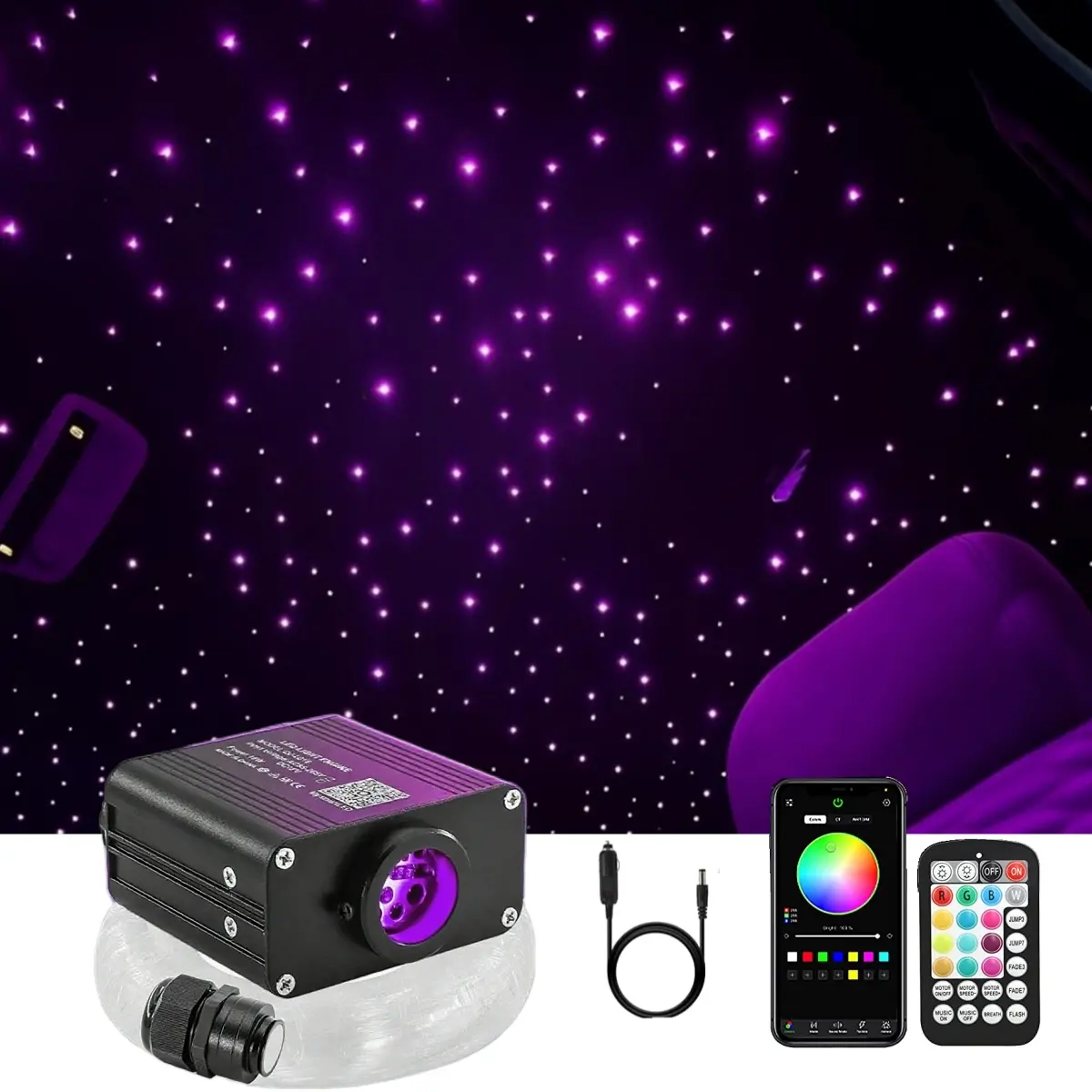 16W RGBW Starlight Headliner Kit, 500pcs 0.03in x 9.8ft Adjustable Fiber Optic Twinkle Lights for Single Cab Truck Starlight Roof, Car Lighting Controlled via APP + Remote, RGB Atmosphere Lights
