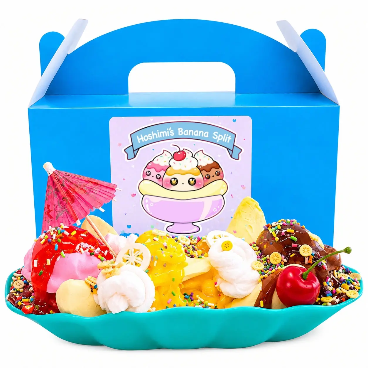 Banana Split DIY Scented Ice Cream Dessert Unisex Slime & Squishy Toys Kit - Sprinkles, Whipped Cream, Hot Fudge, Cherry & Umbrella Toppings, Open Ended Play Sensory Creativity Gift Box Realistic Slime Food Kit