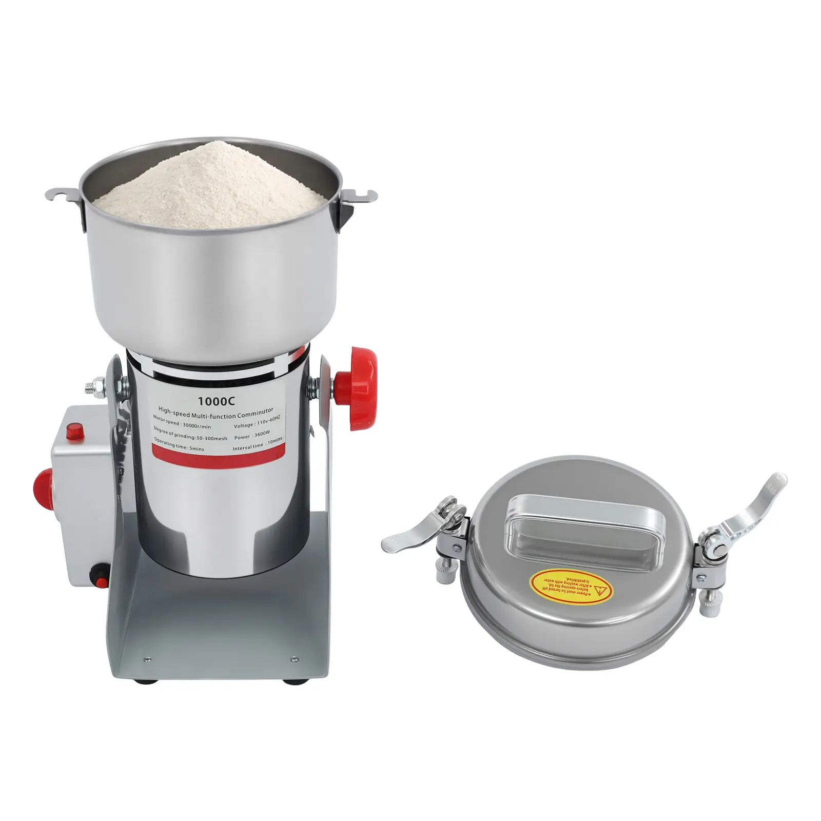 3600W 2.2 lbs 304 Stainless Steel Electric Grain Mill with 50-300 Mesh Adjustable Grinding & 1-5 Minute Timer, High-Speed Dry Food Grinder for Grains, Spices, Herbs, Coffee Beans, for Home Kitchen, Clinic, Pharmacy, Laboratory