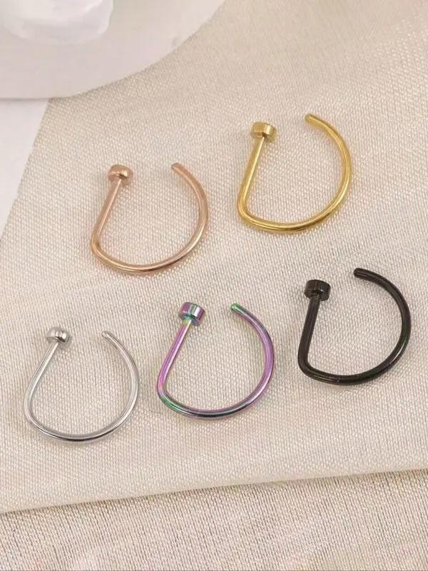 Women And men Fake Piercing Nose Ring Gold Stainless Steel D-Type Simple American Style Personalized Letters Hip-Hop Street Style Non Perforated Accessories Fake Nose Studs
