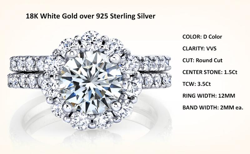 3.25Ct Round Moissanite Crown Halo Bridal Set 18K Over Silver Wedding Engagement Ring Set