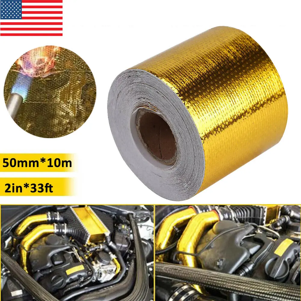 SJPACK Self-Adhesive Gold Intake Heat Protection Tape Wrap - 2"x33FT, 1/16" Thick Glass Fiber Tape with Alloy Mylar Shell, 450°C Resistant for Pipes, Adhesive Installation for Industrial Users, 2 Inch Width