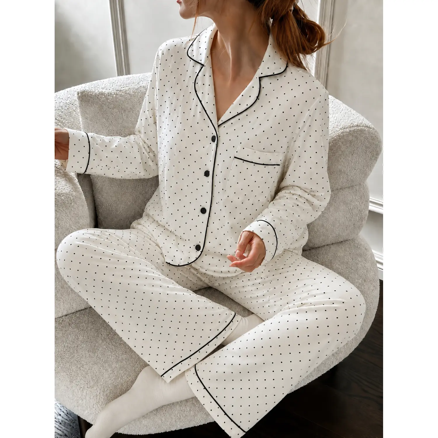2pcs Women Satin Pajama Set, Classic Black Polka Dot Notch Collar Long Sleeve Top with Piping Pocket, Loose Wide Leg Pants, Soft Cooling All Season Loungewear, Minimalist Elegant Oversized Sleepwear, Indoor Casual Nightwear Gift for Her