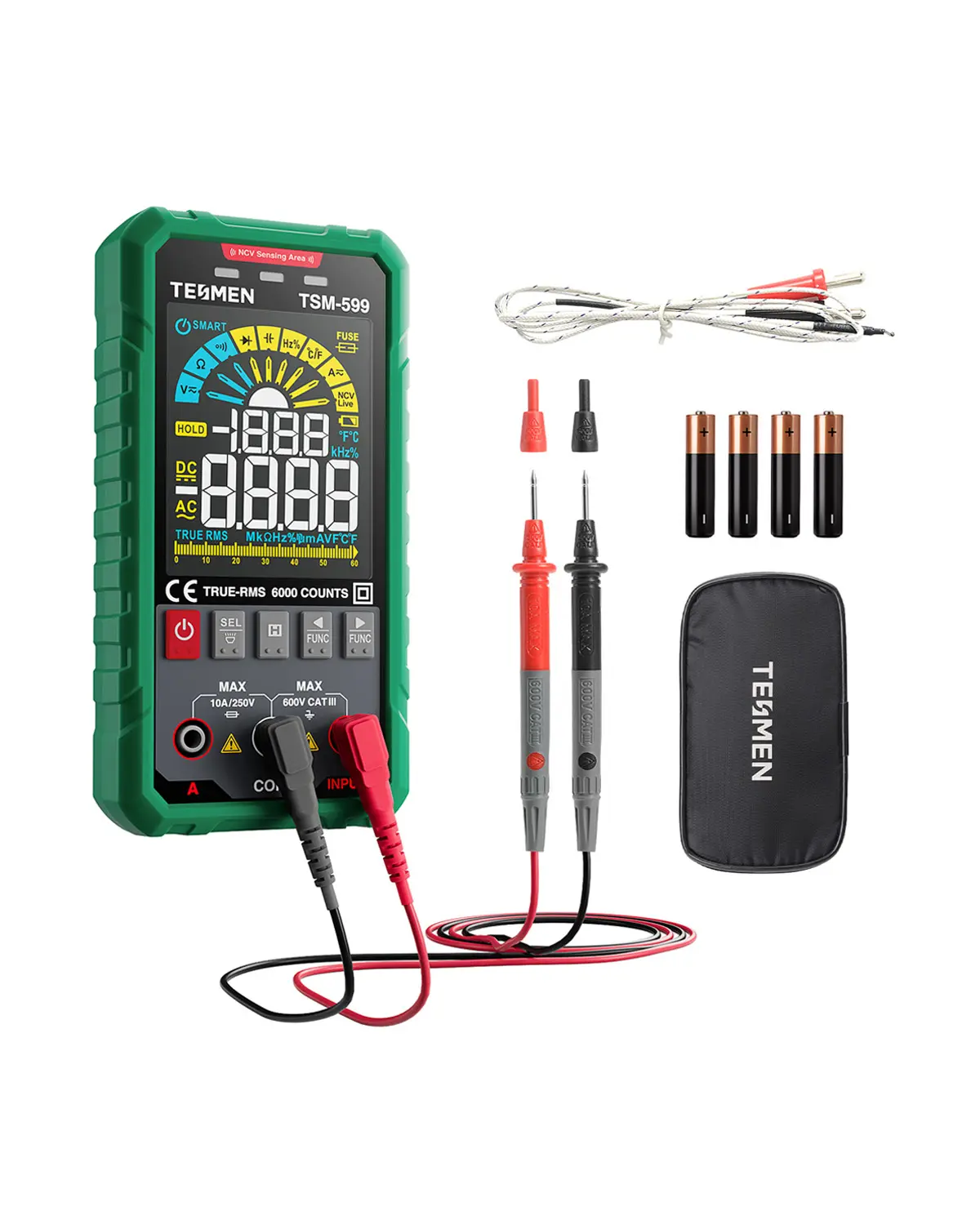 TESMEN TSM-599 6000 Counts Smart Digital Multimeter, Electrical Measuring Tool with DC/AC Voltage, DC/AC Current, Non-Contact Voltage Tester, Resistance, Continuity, Capacitance, Frequency, Temperature Detection #summerfinds, 10A/250V, Data Hold, Other, 2