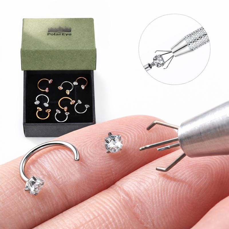 Titanium 20G/18G 7mm Horseshoe Nose Ring More Size (Free Gem Picker Tool) Internally Threaded Gems Lightweight