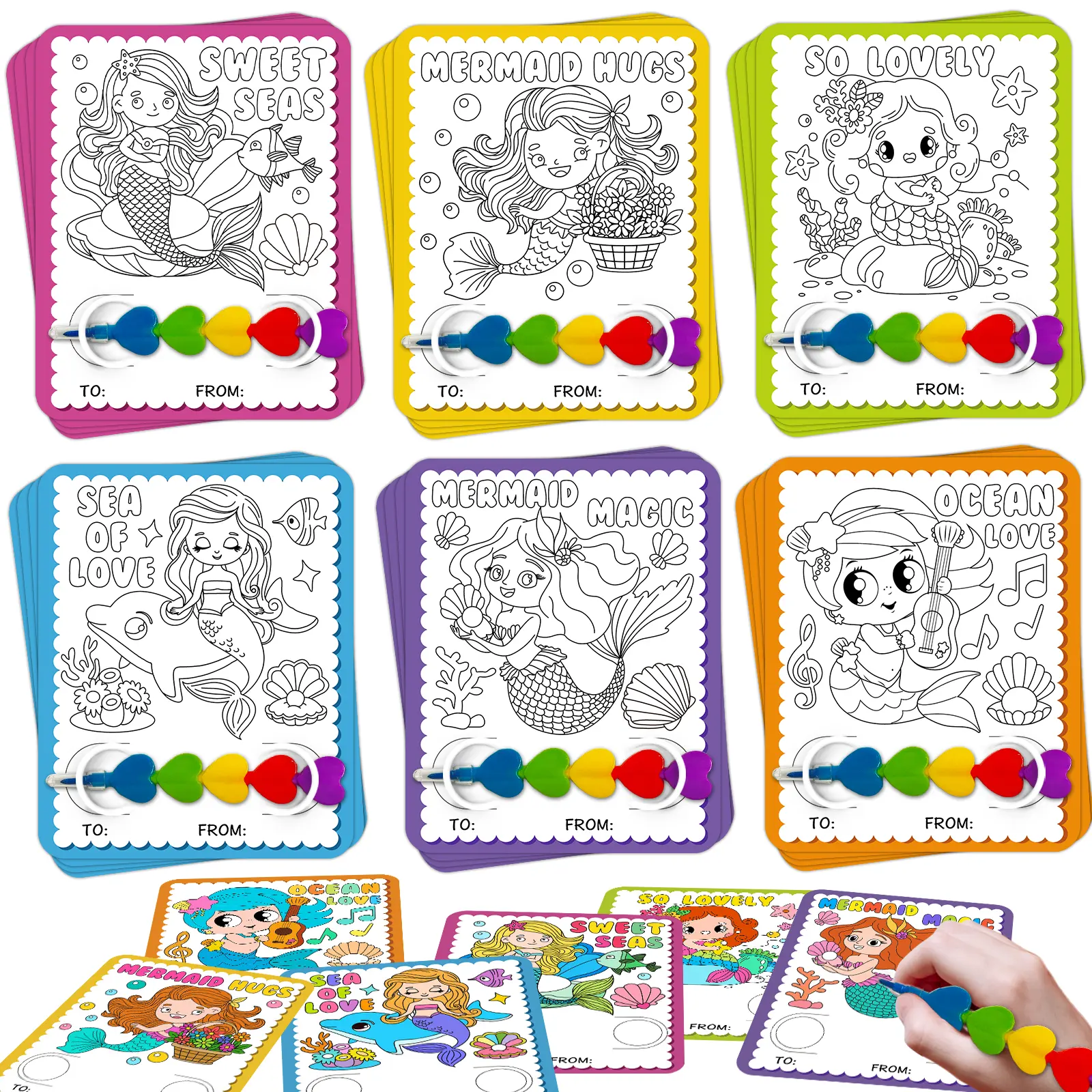 24Pcs Mermaid Coloring Cards with Stackable Crayons, Kids Classroom Party Favors