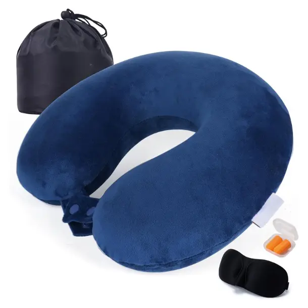 Travel Pillow 100% Memory Foam Airplanes Neck Pillows -Prevent The Heads from Falling Forward Travel Neck Pillows with Sleep Mask and Earplugs (Navy Blue)