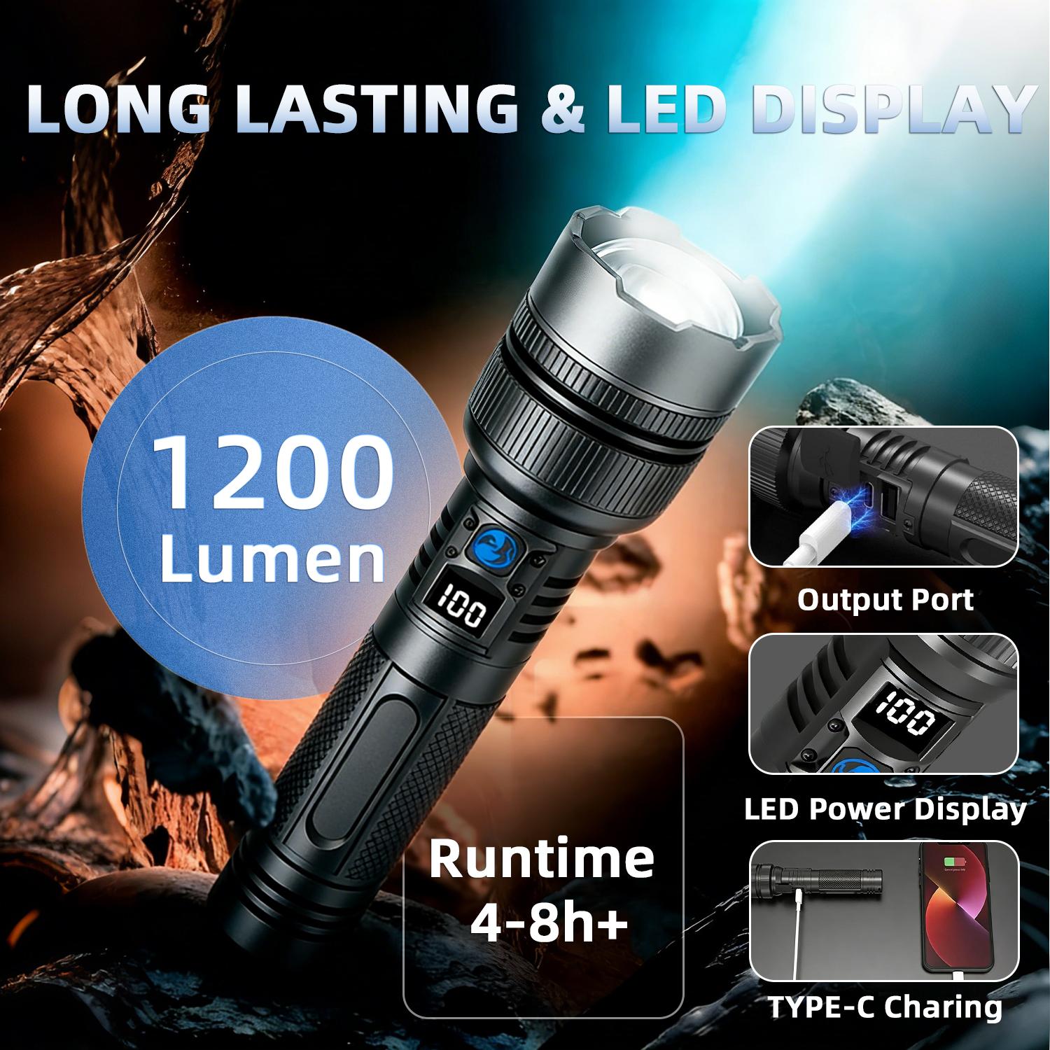 2-in-1 Strong Flashlight (Power Bank)，Digital display of power, Rechargeable，Zoomable, , X4Waterproof, Adjustable Brightness Flash Light for Outdoor, Emergency, Camping Accessories，Black TiktokShopSpringGlowUp