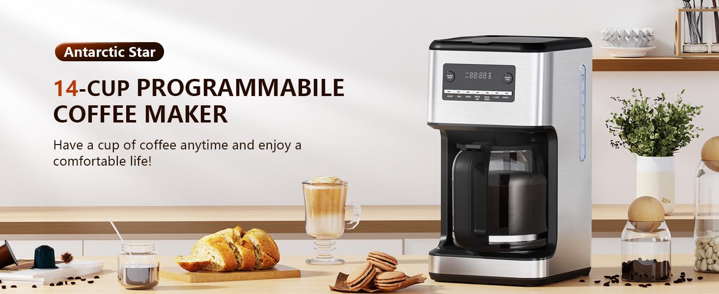 Coffee Maker, Drip Coffee Machine, 14-Cup Glass Carafe, Programmable, Delay Brew, Keep Warm, with Touch Screen, Stainless Steel,Silver