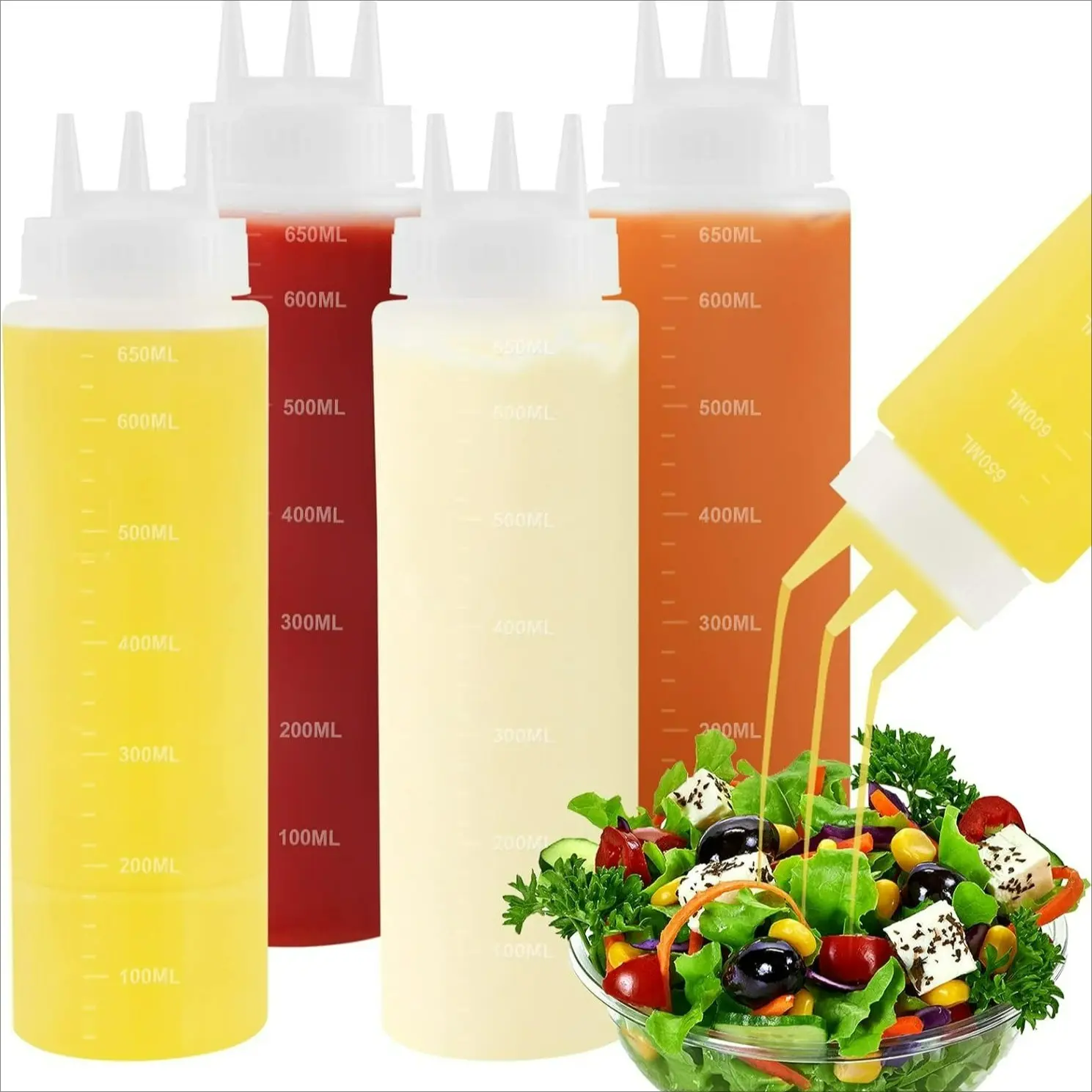 650ml/22oz Reusable Plastic Condiment Bottles - 3-Hole Press-Type Dispensers for Sauces, Dressings, Oil/Syrup, Home & Party Kitchenware Storage, Olive Oil Dispenser