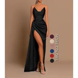 vacation dresses  Socialite Style And Sexy Slim Fit Deep V-waist Satin Slit Dress For Women Formal Spaghetti Strap