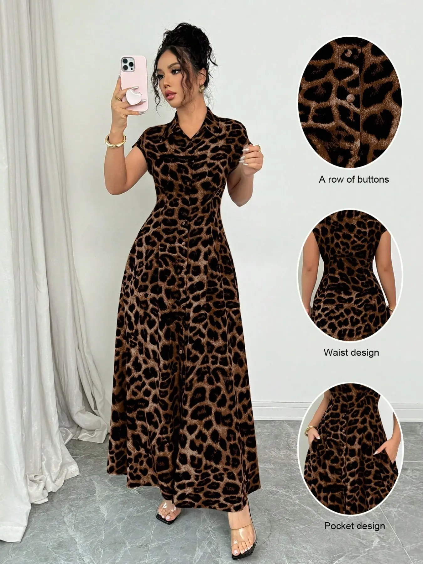Women's Leopard Print Stand-Collar Button Dress, Short-Sleeve Waist-Cinching Design for Summer, Casual Chic Dress, Perfect for Everyday Wear