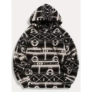 Ethnic Style Geometric Pattern, Men's Loose Polar Fleece Hoodie For Winter & Fall, Hooded Sweatshirt With Drawstring And Kangaroo Pocket