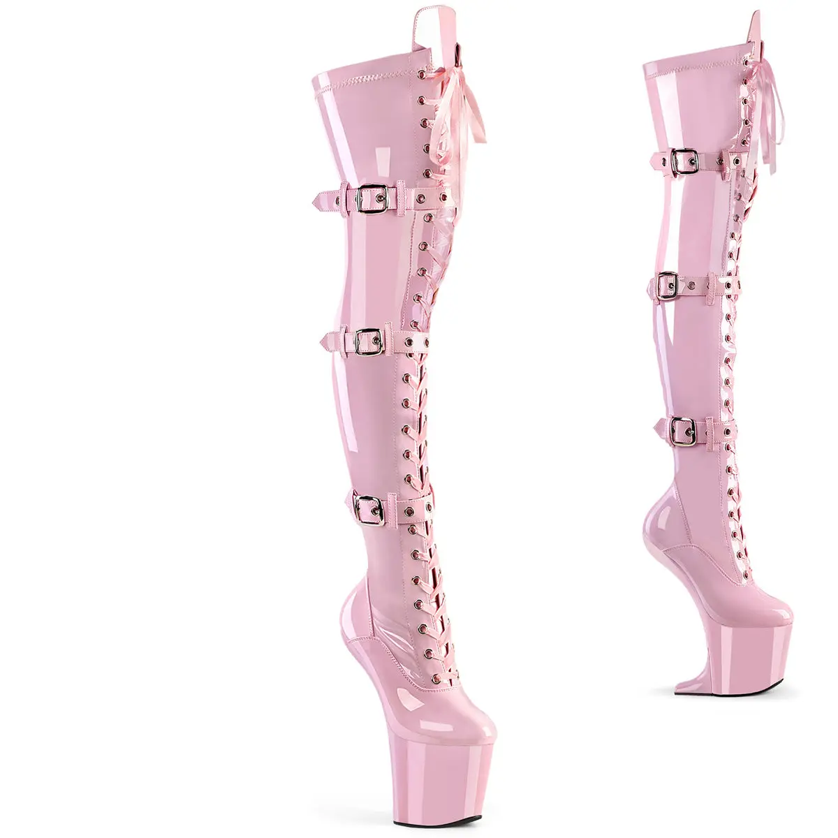 Pleaser Women's Craze-3028 Stretch Thigh High Boot Heels - 8" Heelless, 3" Platform, Lace-Up Front, Triple Buckle Straps, Statement Shoes, Stretch Fabric, Footwear, Alt Outfits, Avant Garde Fashion, Bold Look, Platform Sole, Zip Closure, 3 Inches, Laces