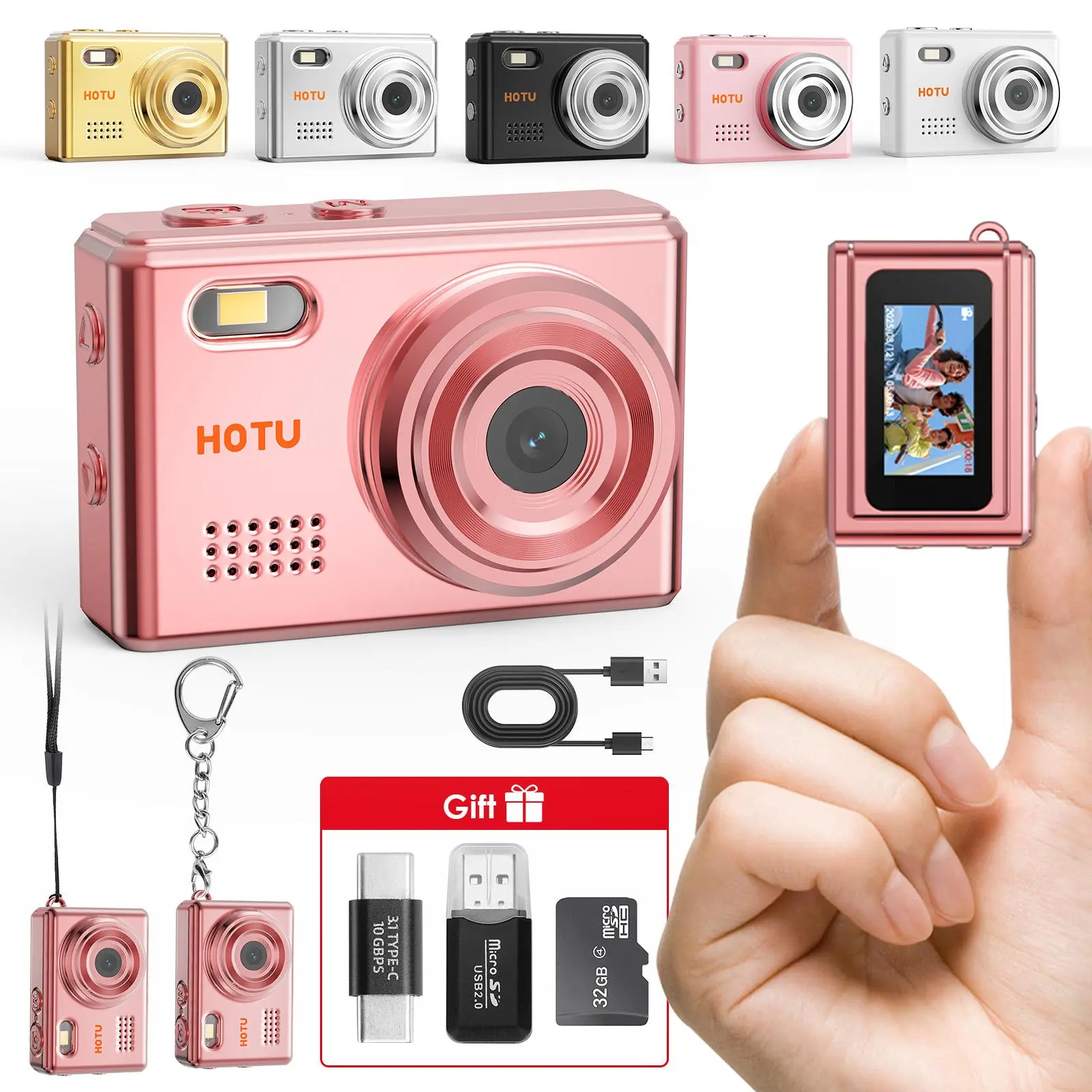 HOTU Mini Keychain Digital Camera – Y2K Pocket-Size Camera 1080P HD with 1MP Lens, Flash & 0.96" Screen, 32G Card & Charging Cable Included, Retro Vlog Camera for Travel, Concerts, Kids & Instant Party, Sparkling Rose Gold tiktokshopbacktoschool