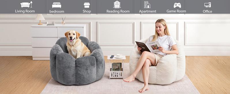 HOMMPA Bean Bag Chair for Adults Comfy Velvet Bean Bag Couch with Back Support Flower Shaped Oversized Dutch Sofa for Living Room,Bedroom,Dorm,Grey