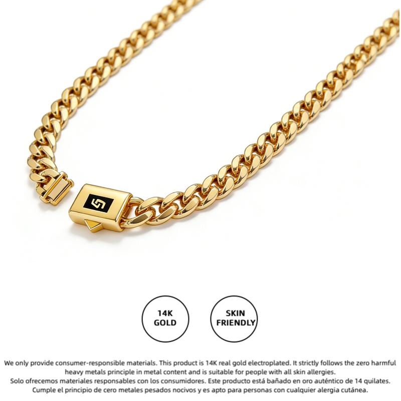 Jewelry Set 1pcs 14K Gold Vacuum Plated Stainless Steel With Copper Black "S" Ear Clasp Miami Cuban Link Chain 6-14mm Necklace Women & Men Luxury Jewelry, Daily Wear, Fashion, Gift, Chicano, Classic, Hip Hop, Simple, Sporty