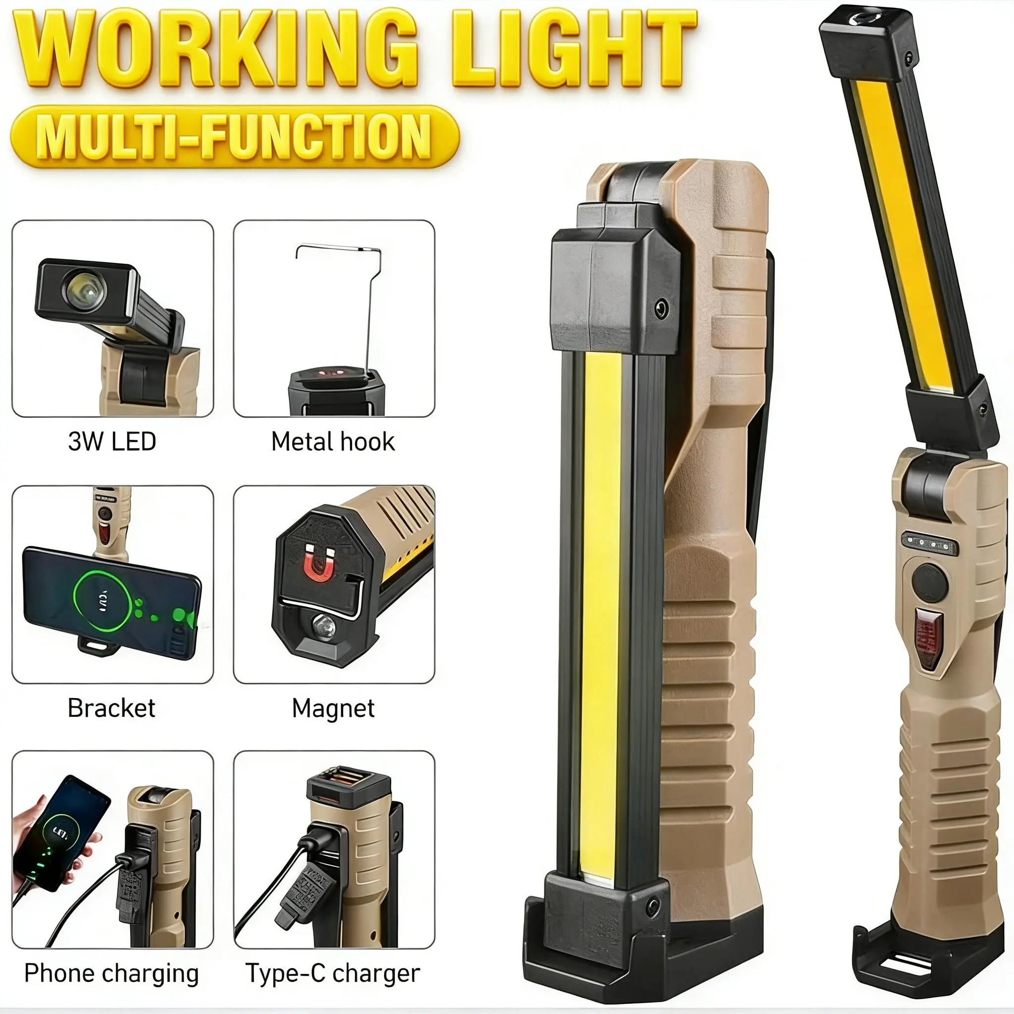 Rechargeable Handheld LED Flashlights - Multifunctional USB Cable-Powered Working Lights with Magnetic Base, Hanging Hook, 180° Rotate, 5 Modes, for Mechanics, Hunting, Christmas Gifts, Led Light Torches