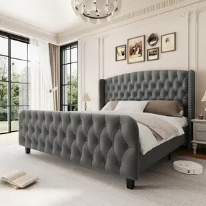 Tall Queen Size Bed Frame with Deep Button Tufted Wingback Headboard and Footboard, Velvet Upholstered Platform Bed Frame, No Box Spring Needed,Gray