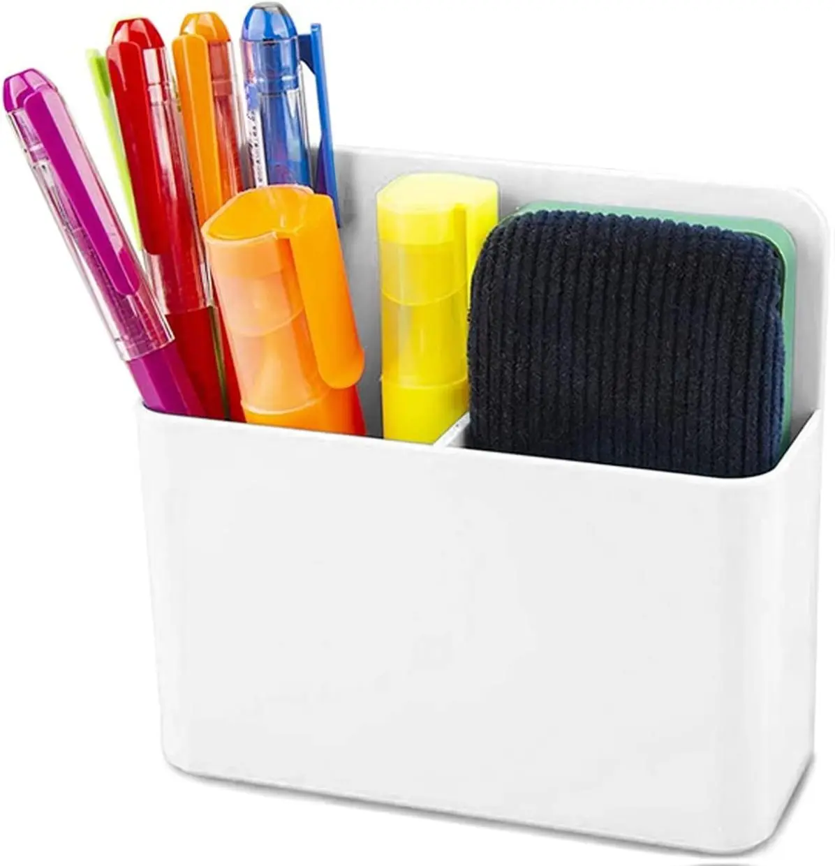 Durable and Lightweight White ABS Magnetic Dry Erase Marker Holder with Adjustable Dividers, 3 Slots, Compartment (4.9in x 1.7in x 4.8in, 4.2lb/1.9kg) - For Dry-Erase Boards, Refrigerators, Lockers, Office Desk Organizer, 1 Pack, 4.2 Lb/1.9 Kg