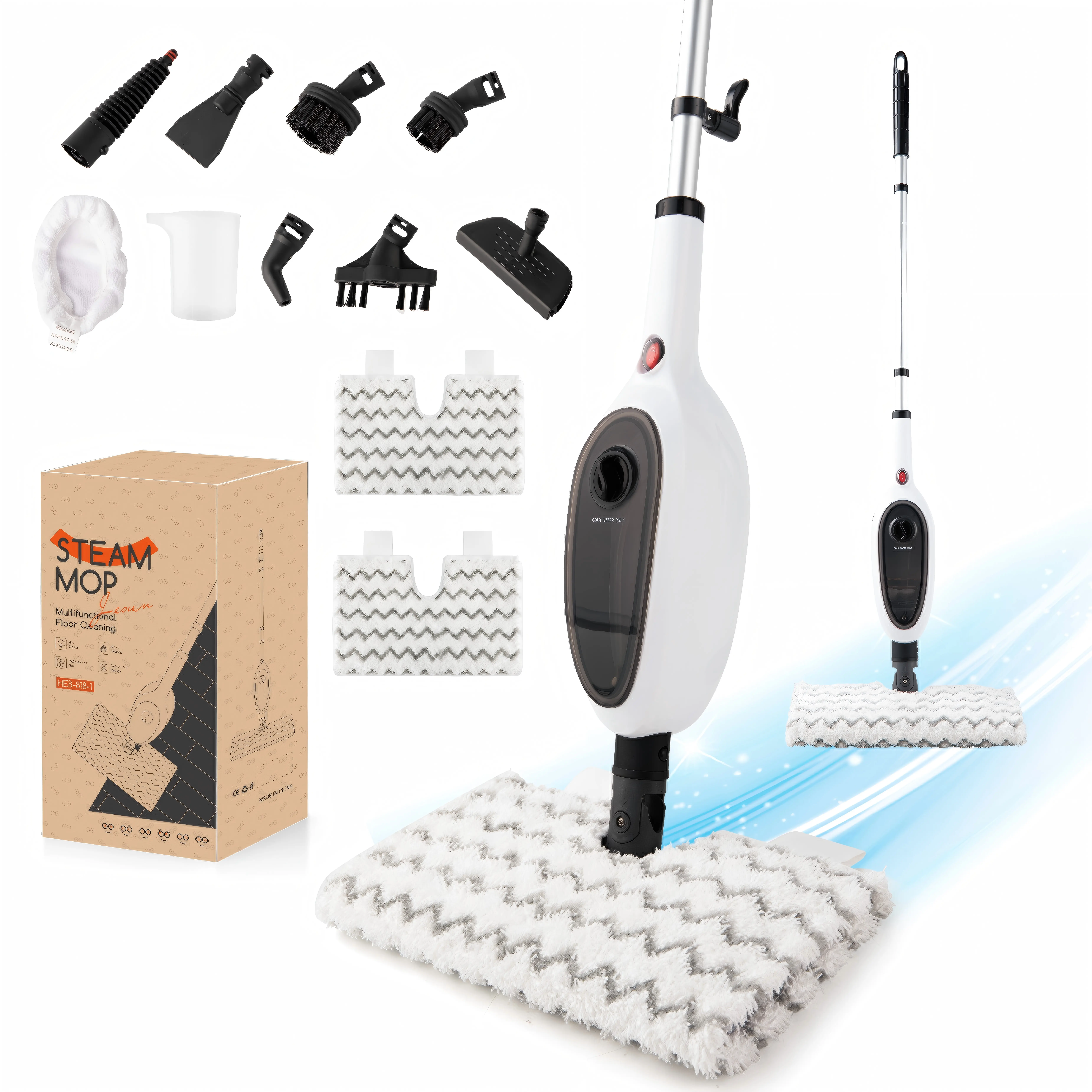 Handheld Lightweight Steel Frame Electric Steam Mop - 15s Fast Heating Steamer, Detachable Portable Steam Cleaner with 8 Attachments, 2 Microfiber Pads for Hardwood, Tile (Floor Steaming for Home Care)