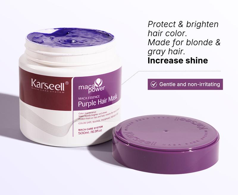Karseell Maca Energy Purple Jar Hair Mask effectively neutralizes the brassy and yellow tones in blonde, silver, and gray highlights. Available in 100ml and 500ml sizes.
