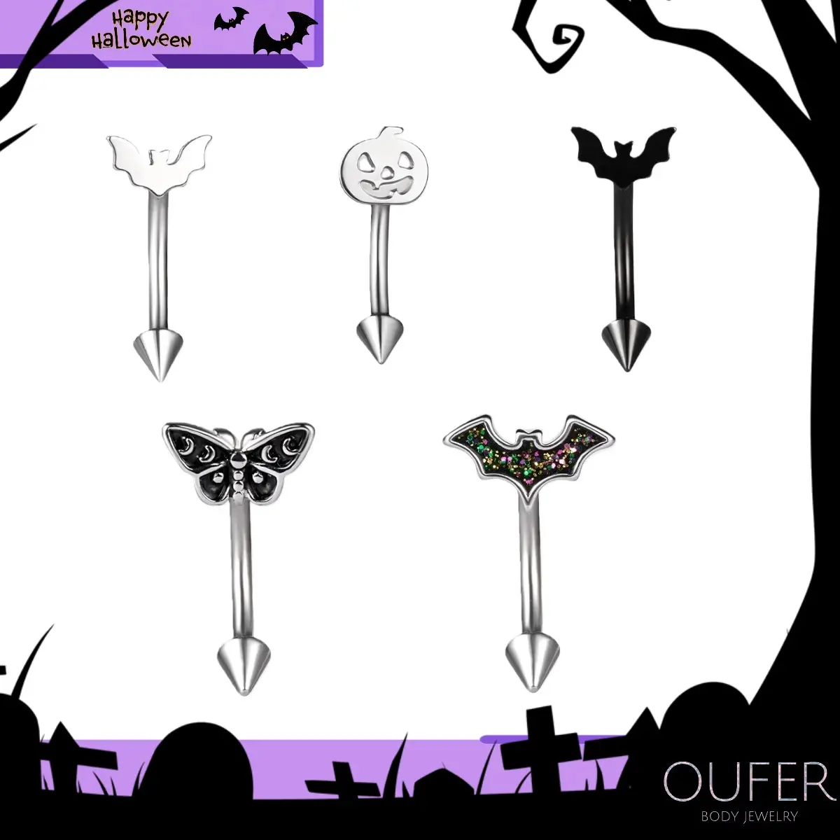 Oufer Halloween 16G Internally Threaded Titanium Bat Spike Lip Piercing Jewelry, Fashion Flat Bat Design, Fits Most Comfortably for Angel Bites Labret & Rook Piercings, 316L Stainless Steel Labret End