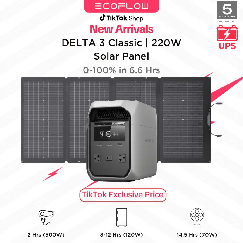 ECOFLOW DELTA 3 Classic, 1024Wh LiFePO4 Battery, 1800W AC/100W USB-C Output, 1 Hr Fast Charge, Solar Generator for Home Backup, Camping & RVs