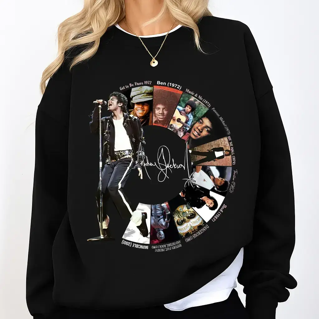 Michael Jackson Album Timeline Sweatshirt - Retro Music Graphic Tee - Gift For Fans With Iconic Records Design Unique Circular Art Style