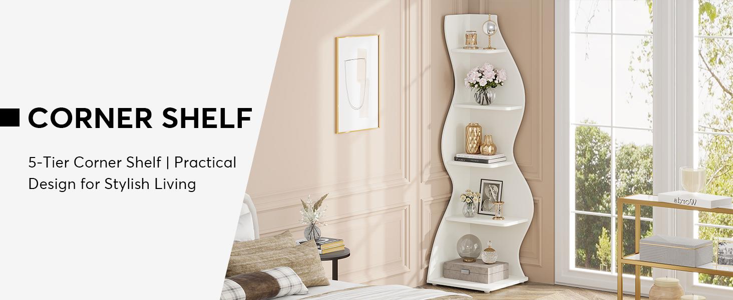Tribeeco Modern 5-Tier Wall Corner Bookshelf, Stylish Corner Small Bookcase Storage Rack, for Living Room, Bedroom, and Entryway Decor Shelves
