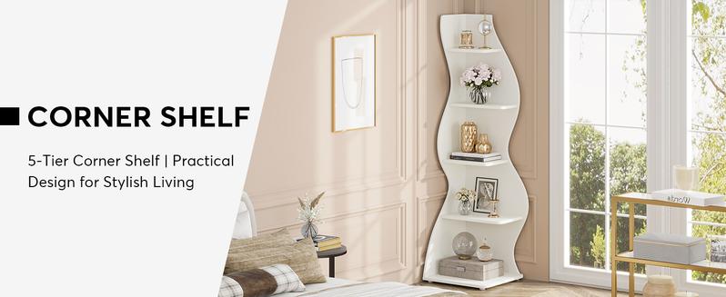 Tribesigns Modern 5-Tier Wall Corner Bookshelf, White, Stylish Corner Storage Rack for Living Room, Home Office, Bedroom & Entryway Decor Shelves