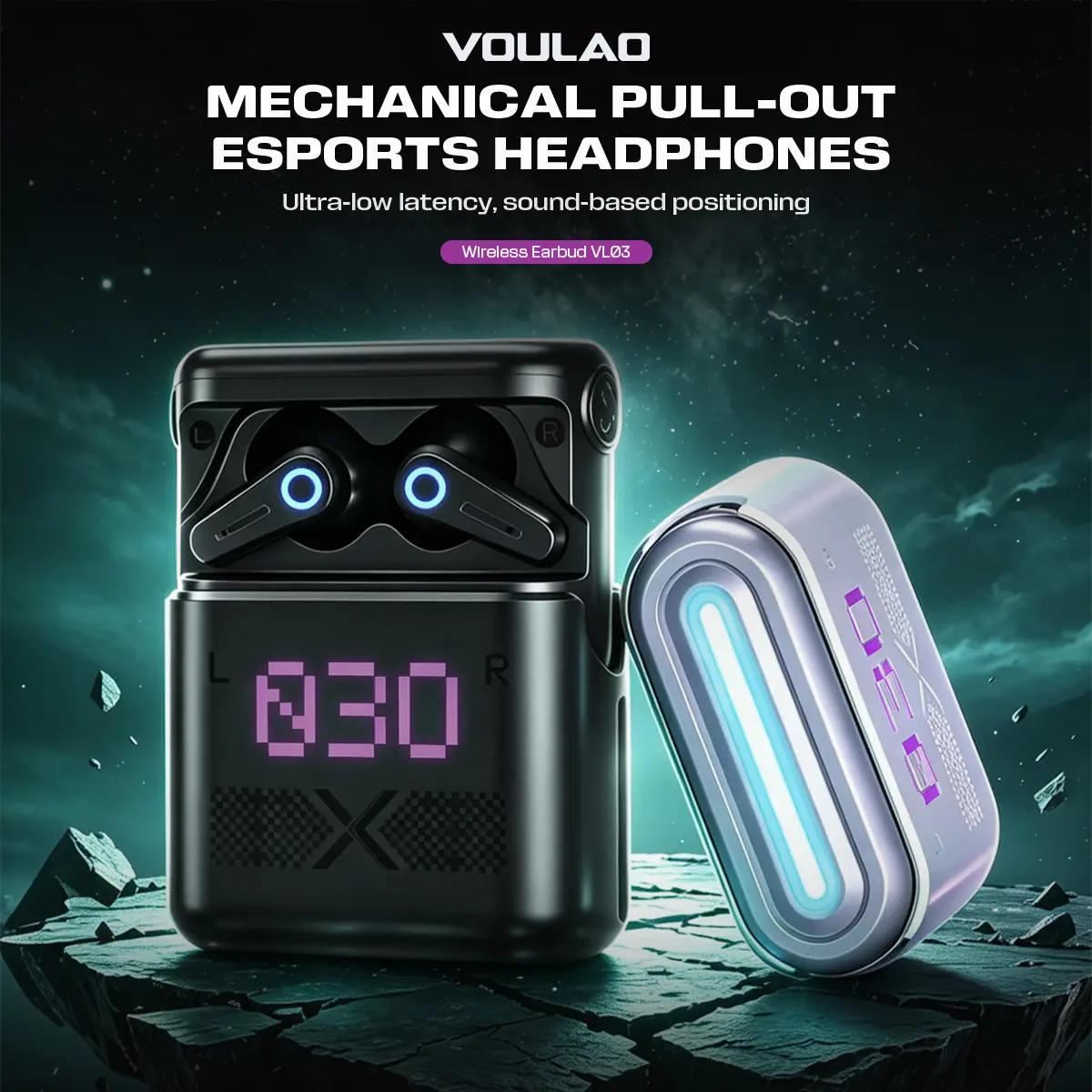 VOULAO VL03 Esports Wireless Earbuds Mechanical Pull-Out 38ms Ultra Low Latency Gaming Headphones, 360° Surround Bass, Smart Touch Control, 60H Playtime LED Digital Display Cyberpunk Mecha Bluetooth Earphones for Gamers,back to school,back to school haul