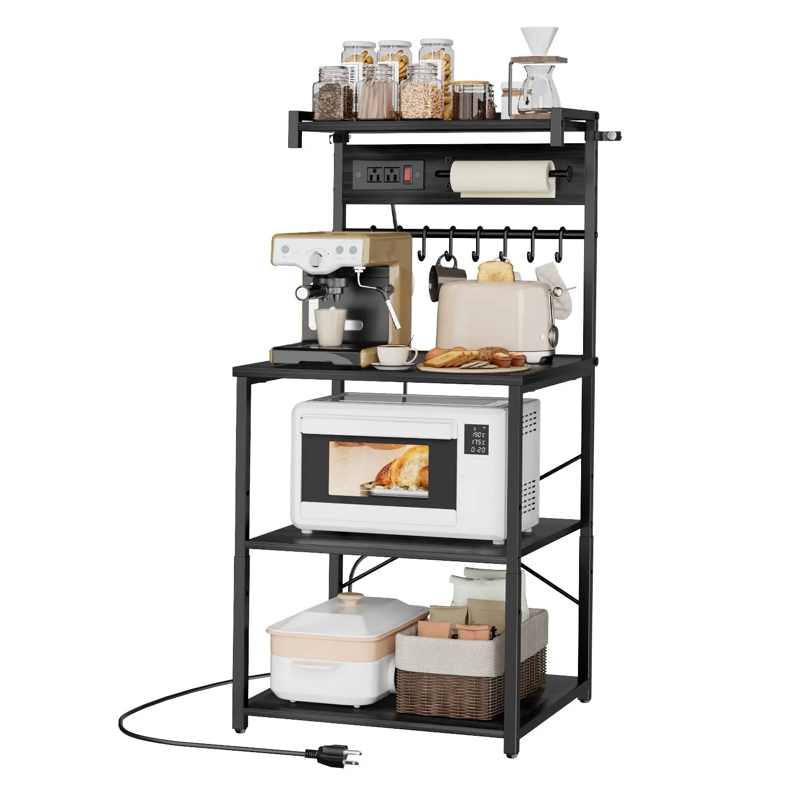 Kitchen Bakers Rack With Power Outlet And Built-In Power Strip, 4.6Ft Tall Kitchen Stand With X-Shaped Support, 8 S-Shaped Hooks, Coffee Bar Organizer For Dishes, Spice Bottles, And Small Appliances